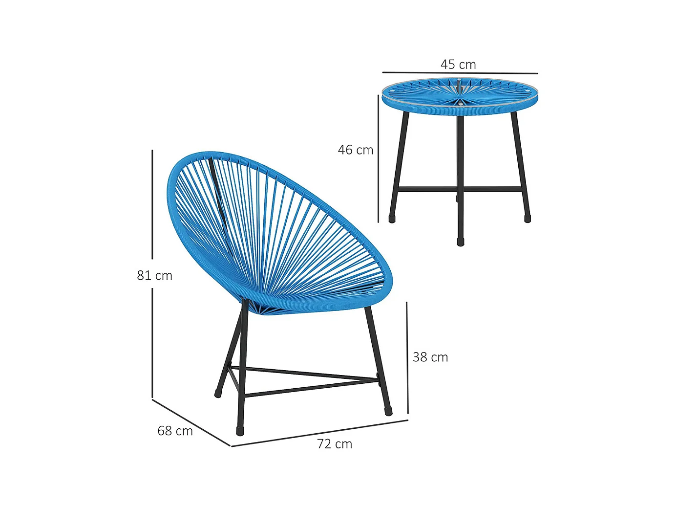 Mobilier de jardin, en résine tressée pour l'extérieur, avec plateau en verre trempé, couleur bleue.