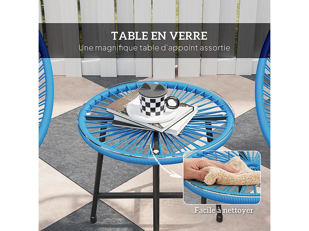 Mobilier de jardin, en résine tressée pour l'extérieur, avec plateau en verre trempé, couleur bleue.