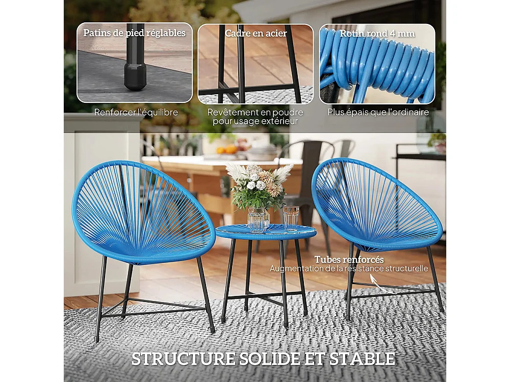 Mobilier de jardin, en résine tressée pour l'extérieur, avec plateau en verre trempé, couleur bleue.