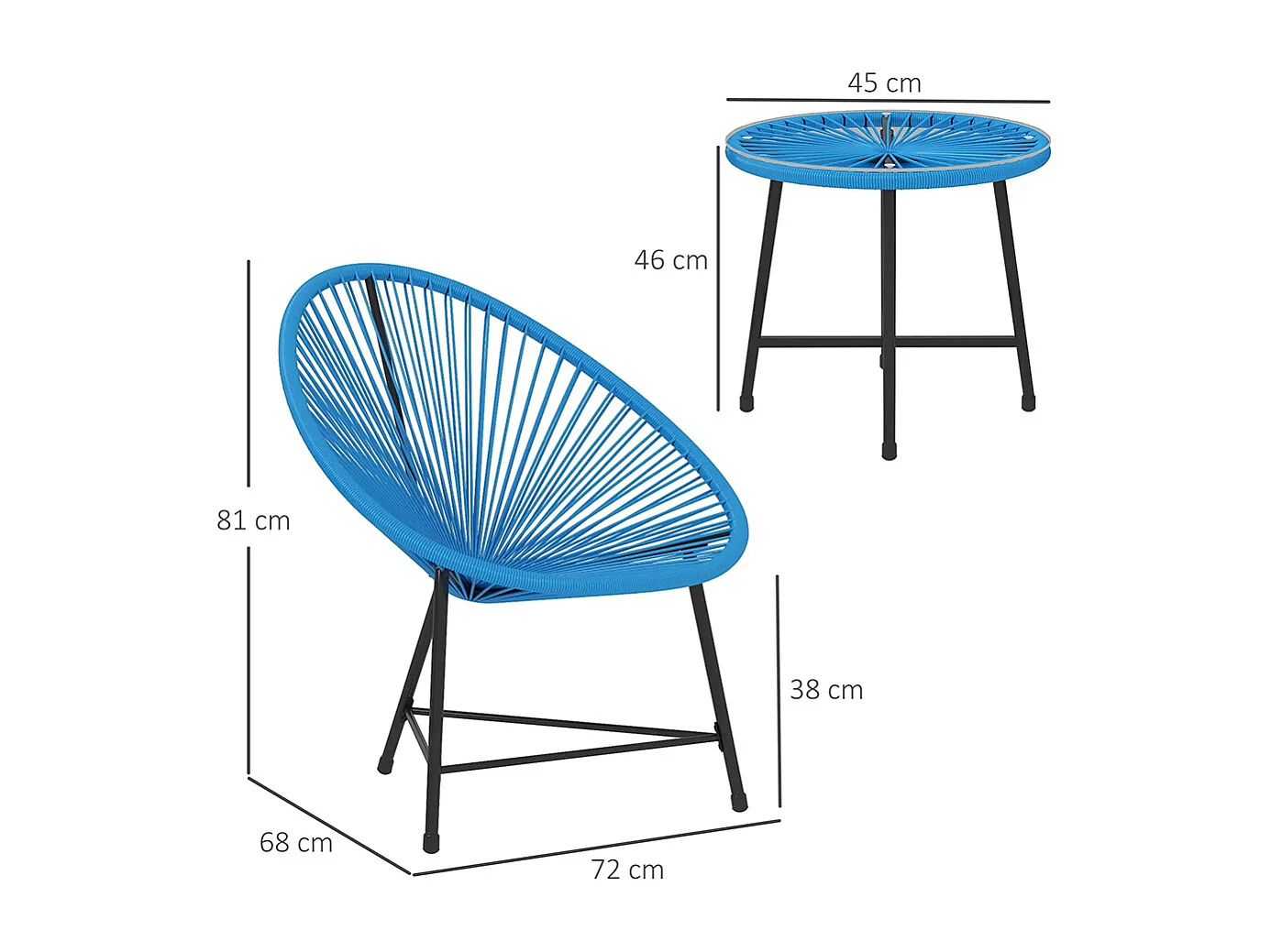 Mobilier de jardin, en résine tressée pour l'extérieur, avec plateau en verre trempé, couleur bleue.
