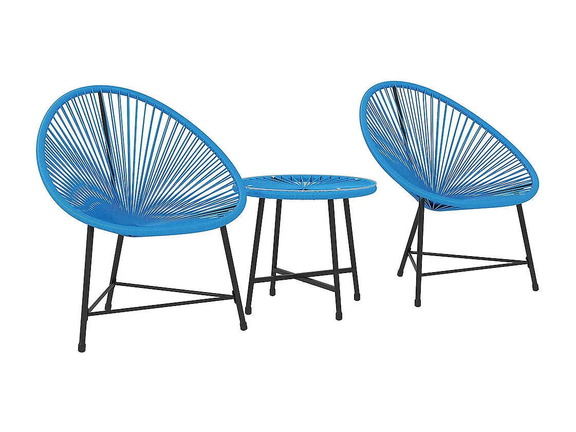Mobilier de jardin, en résine tressée pour l'extérieur, avec plateau en verre trempé, couleur bleue.