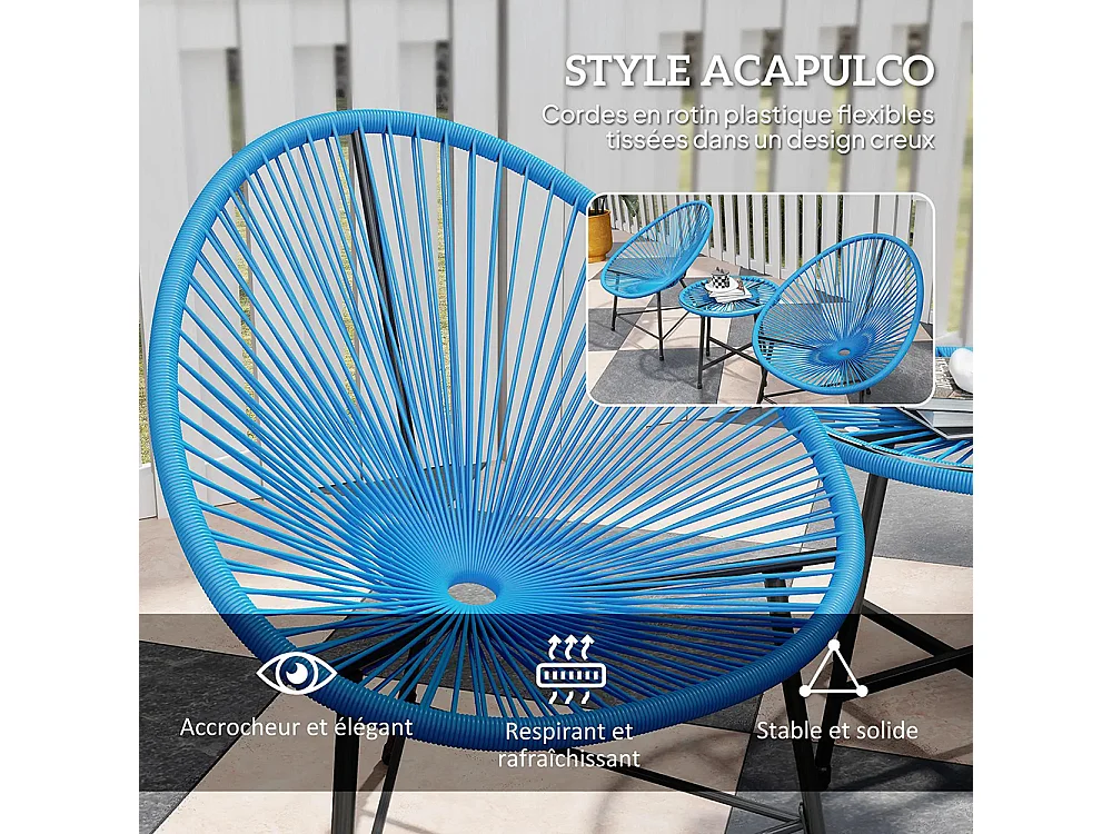 Mobilier de jardin, en résine tressée pour l'extérieur, avec plateau en verre trempé, couleur bleue.