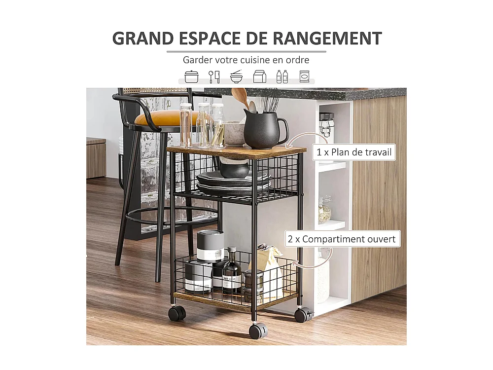 Desserte à roulettes, chariot de service, 2 compartiments ouverts, plan de travail et roulettes, 40 x 30 x 62 cm, marron