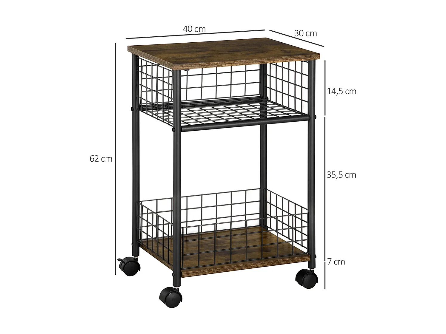 Desserte à roulettes, chariot de service, 2 compartiments ouverts, plan de travail et roulettes, 40 x 30 x 62 cm, marron