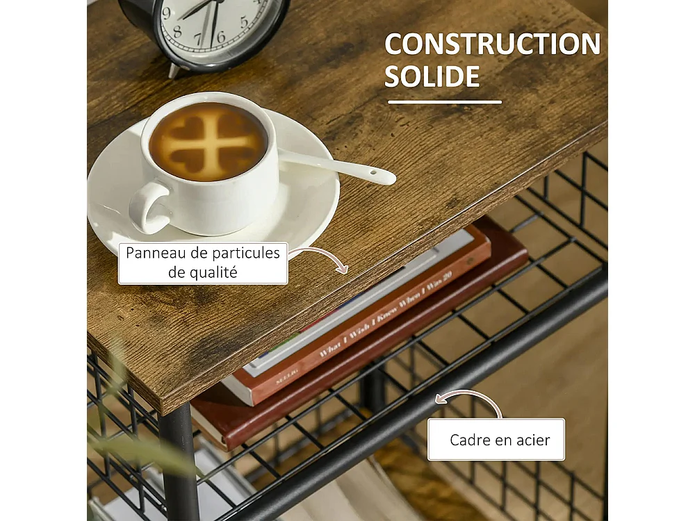 Desserte à roulettes, chariot de service, 2 compartiments ouverts, plan de travail et roulettes, 40 x 30 x 62 cm, marron
