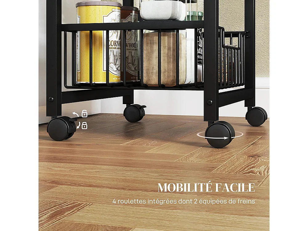 Desserte cuisine 4 niveaux chariot de service sur roulettes plan de travail cadre en acier 49,5 x 31 x 91 cm gris clair