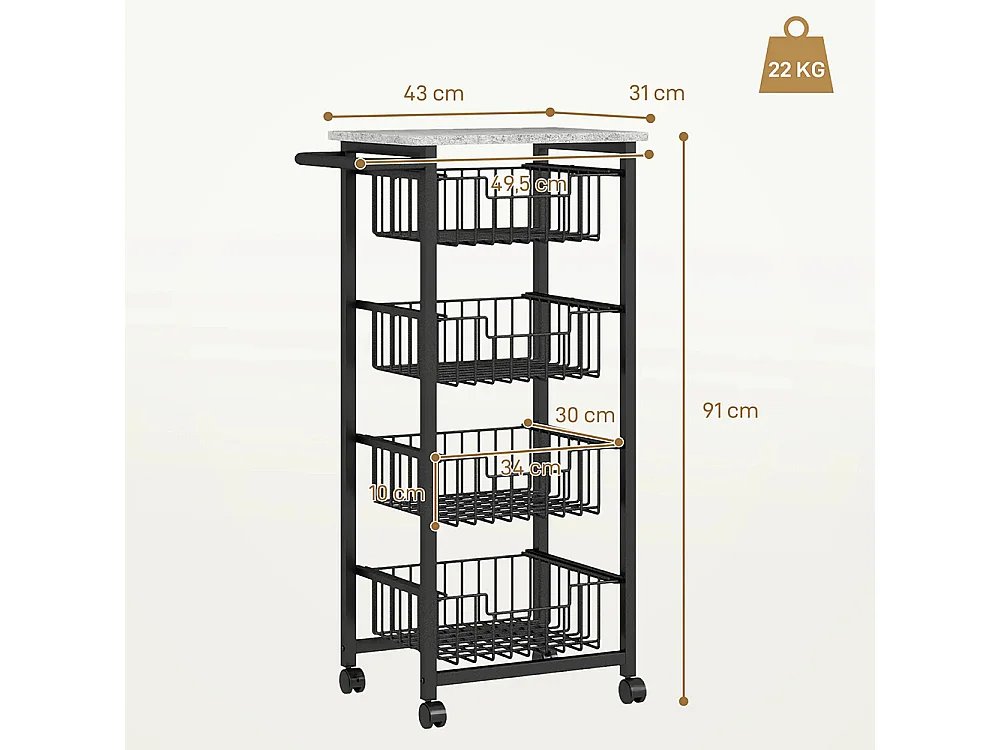 Desserte cuisine 4 niveaux chariot de service sur roulettes plan de travail cadre en acier 49,5 x 31 x 91 cm gris clair