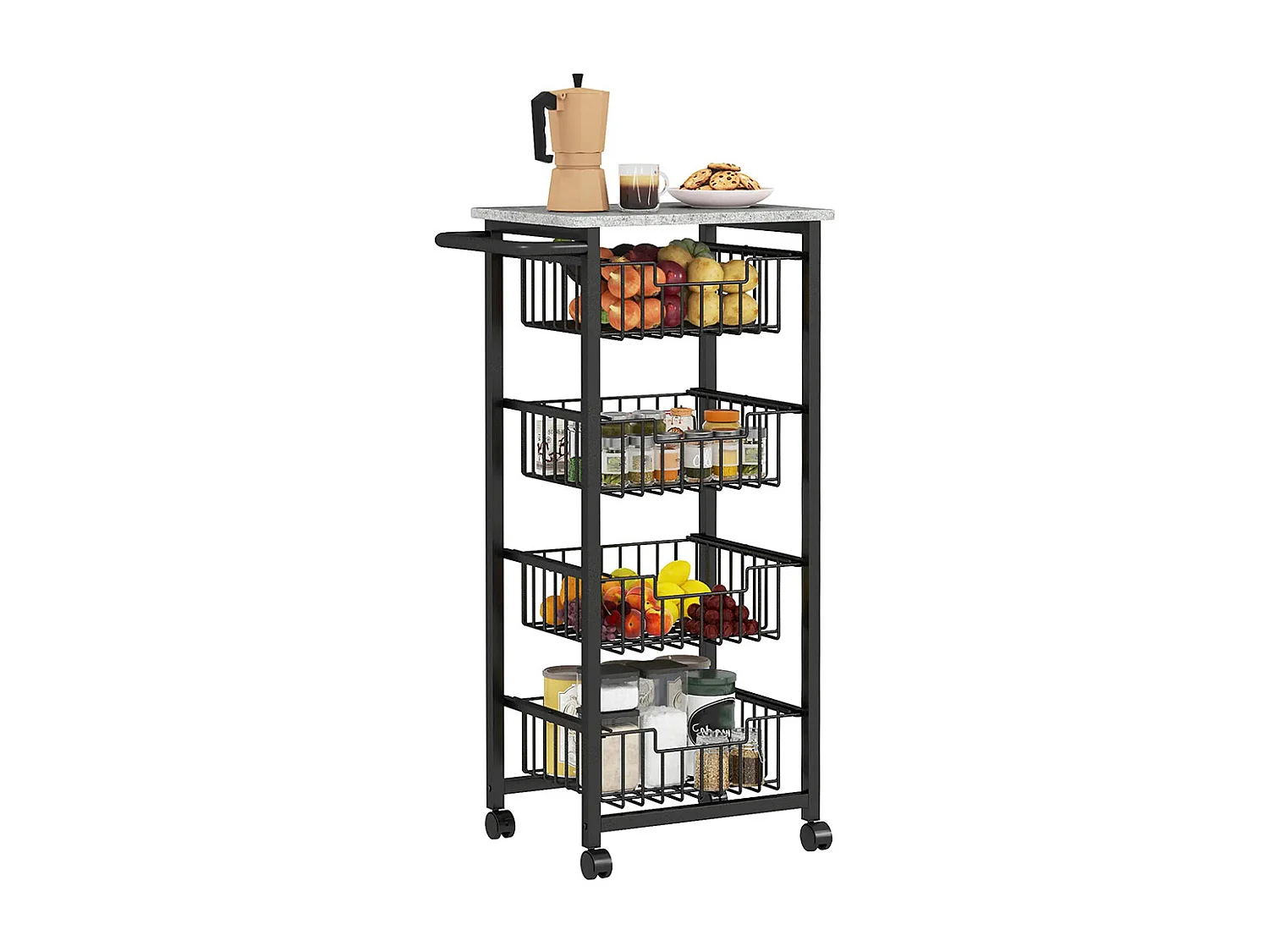 Desserte cuisine 4 niveaux chariot de service sur roulettes plan de travail cadre en acier 49,5 x 31 x 91 cm gris clair