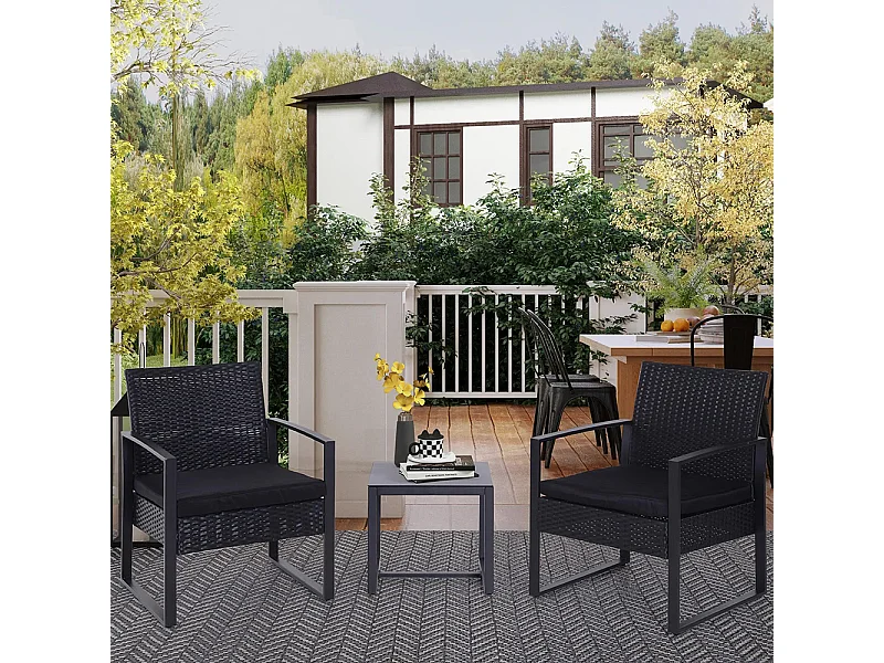 Salon de jardin 2 places 3 pièces 2 chaises avec coussins + table basse plateau verre trempé résine tressée 4 fils imitation rotin noir