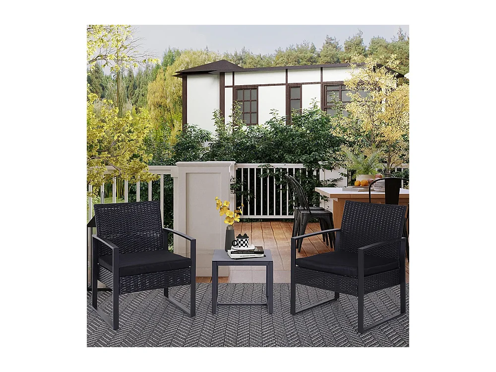 Salon de jardin 2 places 3 pièces 2 chaises avec coussins + table basse plateau verre trempé résine tressée 4 fils imitation rotin noir