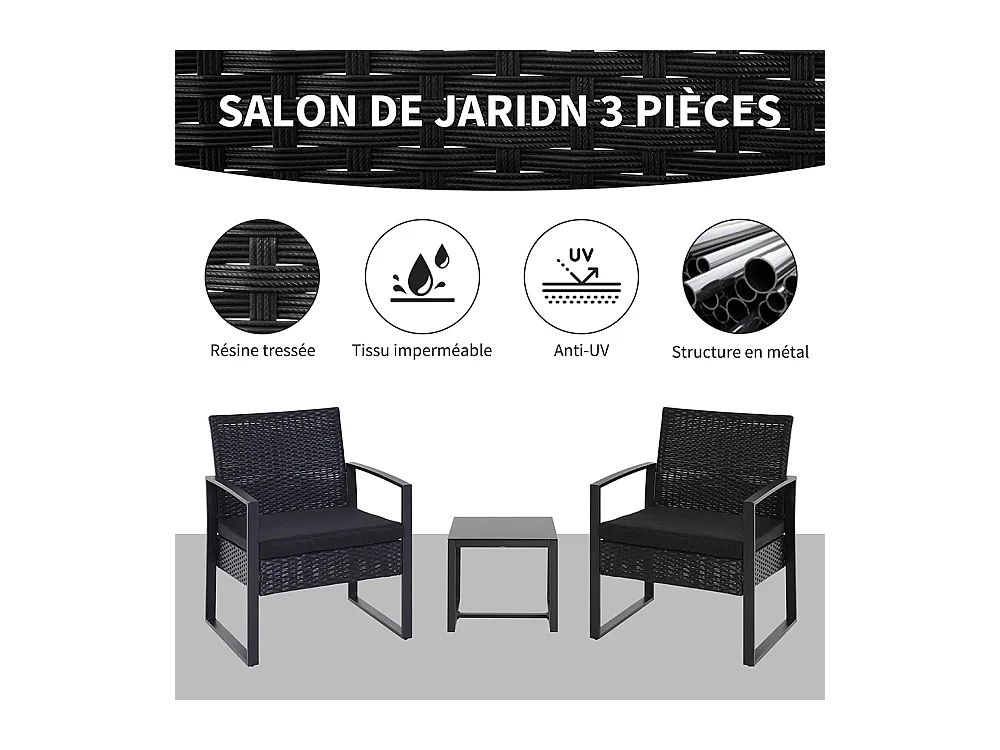 Salon de jardin 2 places 3 pièces 2 chaises avec coussins + table basse plateau verre trempé résine tressée 4 fils imitation rotin noir