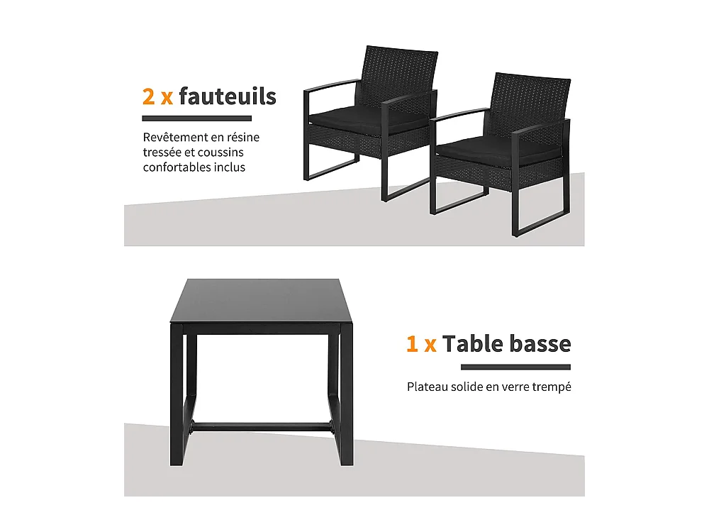 Salon de jardin 2 places 3 pièces 2 chaises avec coussins + table basse plateau verre trempé résine tressée 4 fils imitation rotin noir