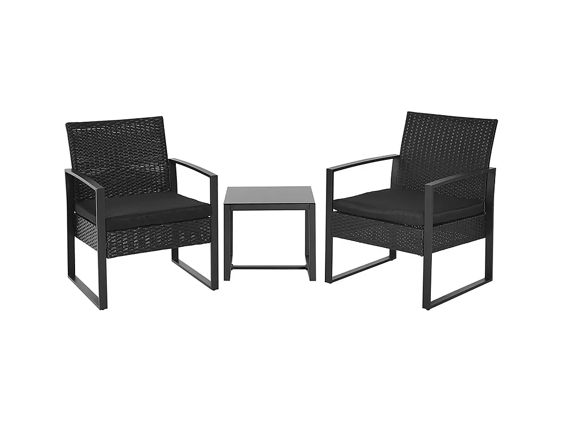 Salon de jardin 2 places 3 pièces 2 chaises avec coussins + table basse plateau verre trempé résine tressée 4 fils imitation rotin noir