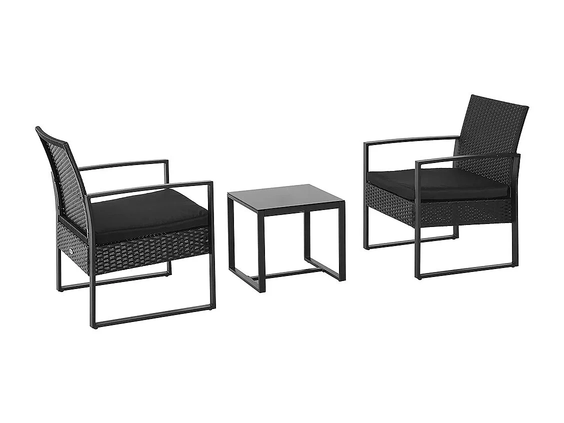 Salon de jardin 2 places 3 pièces 2 chaises avec coussins + table basse plateau verre trempé résine tressée 4 fils imitation rotin noir