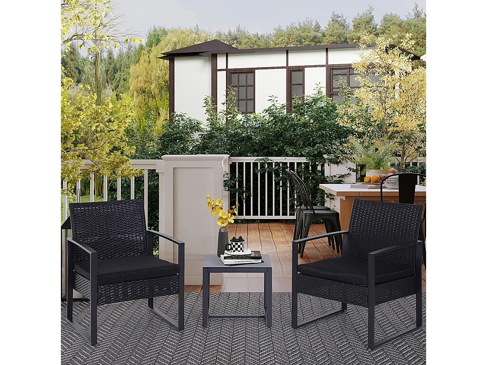 Salon de jardin 2 places 3 pièces 2 chaises avec coussins + table basse plateau verre trempé résine tressée 4 fils imitation rotin noir