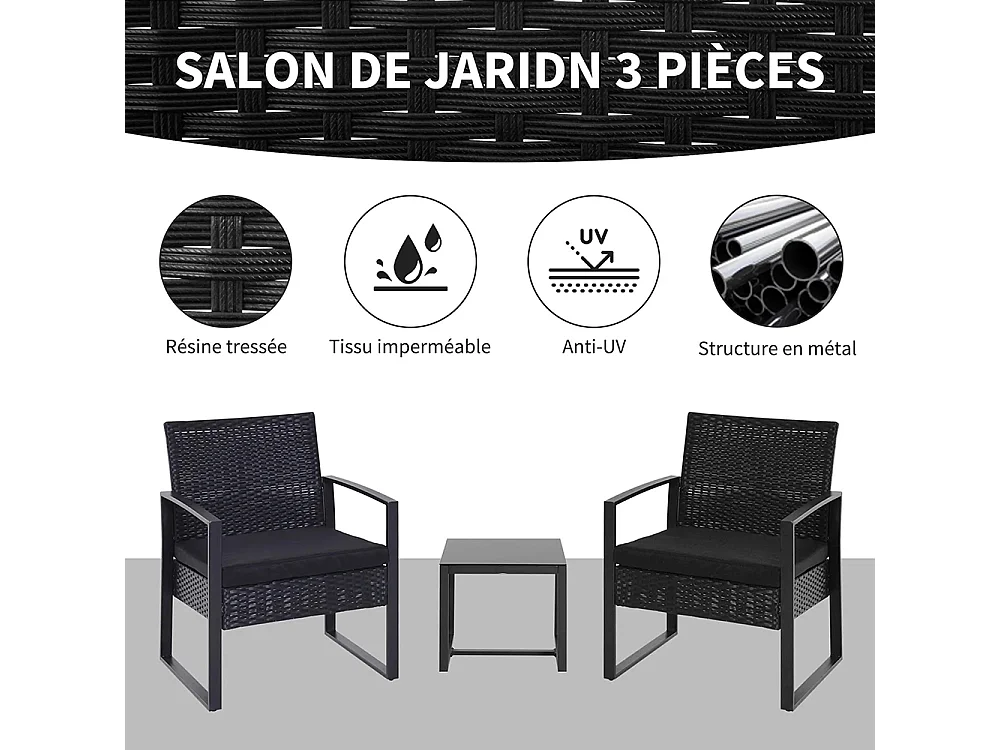 Salon de jardin 2 places 3 pièces 2 chaises avec coussins + table basse plateau verre trempé résine tressée 4 fils imitation rotin noir