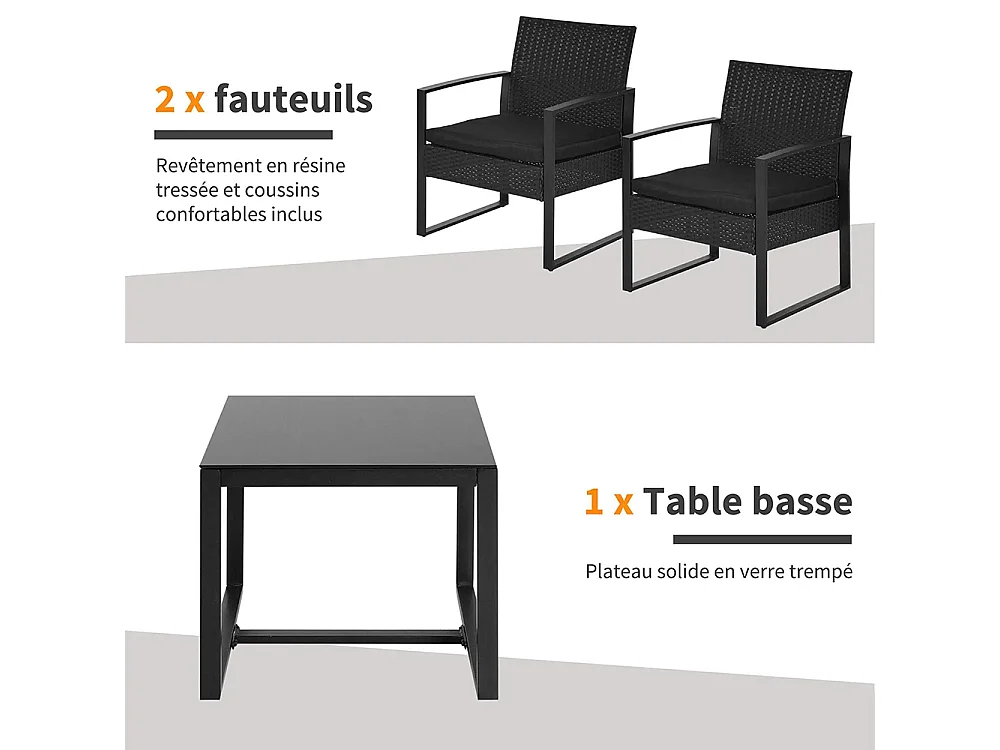 Salon de jardin 2 places 3 pièces 2 chaises avec coussins + table basse plateau verre trempé résine tressée 4 fils imitation rotin noir