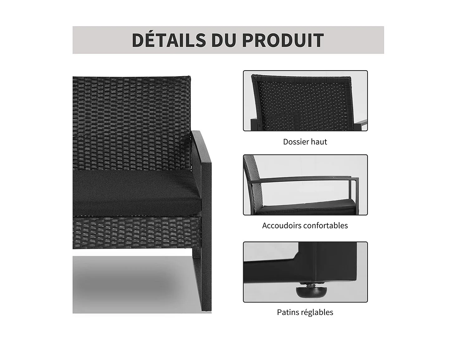 Salon de jardin 2 places 3 pièces 2 chaises avec coussins + table basse plateau verre trempé résine tressée 4 fils imitation rotin noir