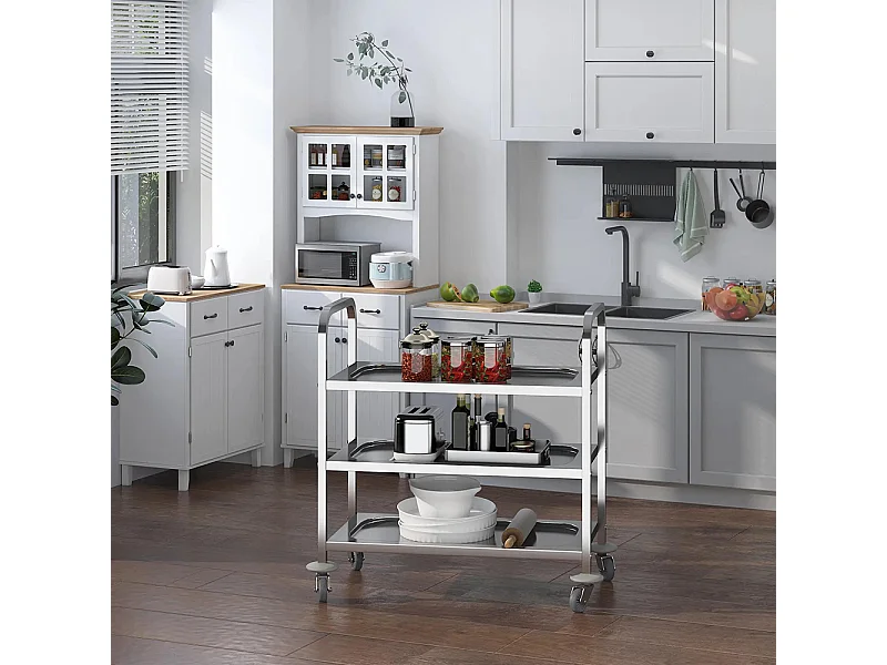 Chariot de service desserte de cuisine à roulettes 3 étagères 85L x 45l x 90H cm acier inox. chromé