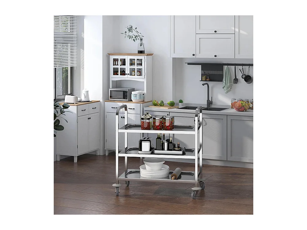 Chariot de service desserte de cuisine à roulettes 3 étagères 85L x 45l x 90H cm acier inox. chromé