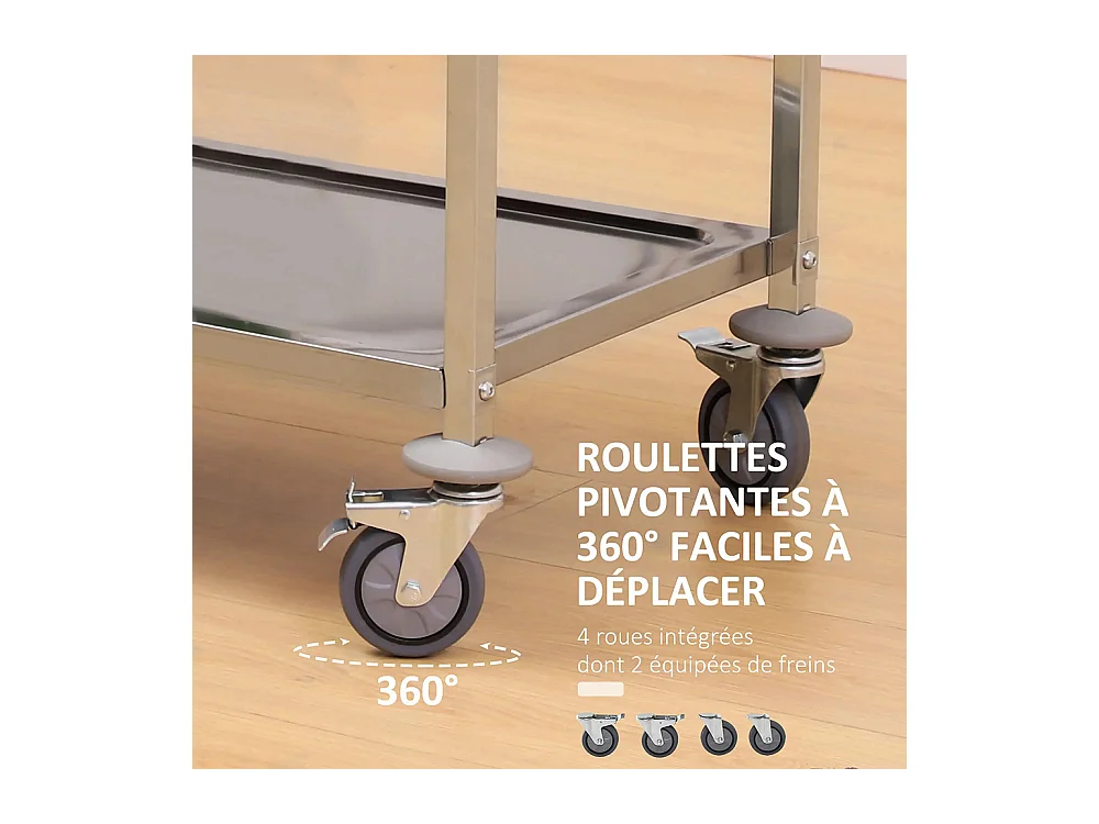 Chariot de service desserte de cuisine à roulettes 3 étagères 85L x 45l x 90H cm acier inox. chromé