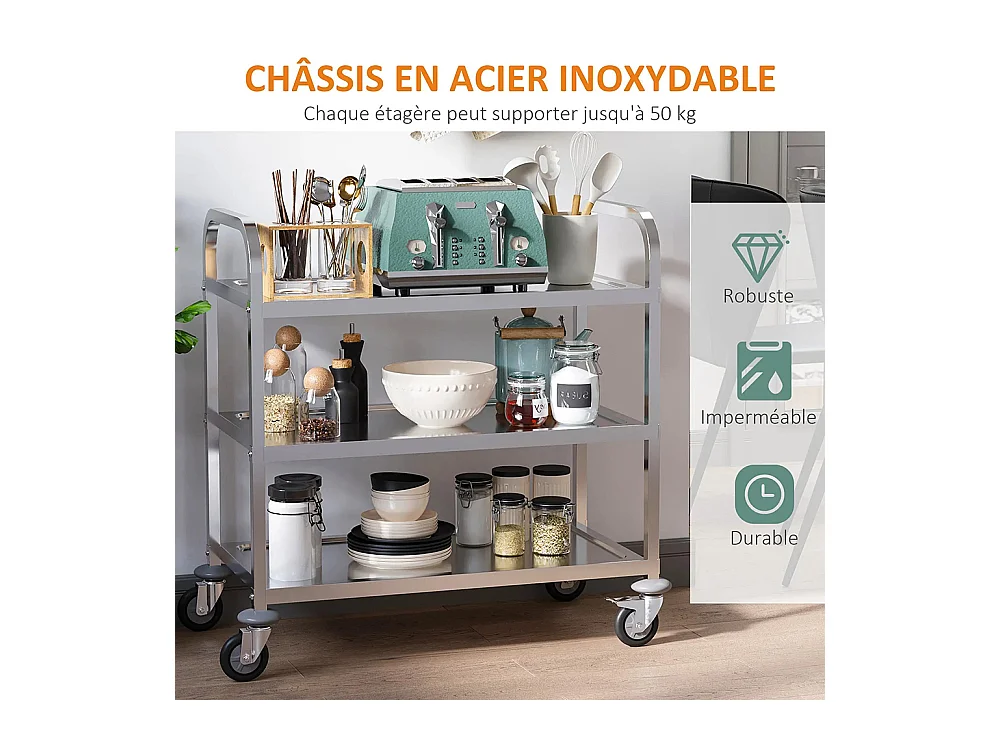 Chariot de service desserte de cuisine à roulettes 3 étagères 85L x 45l x 90H cm acier inox. chromé