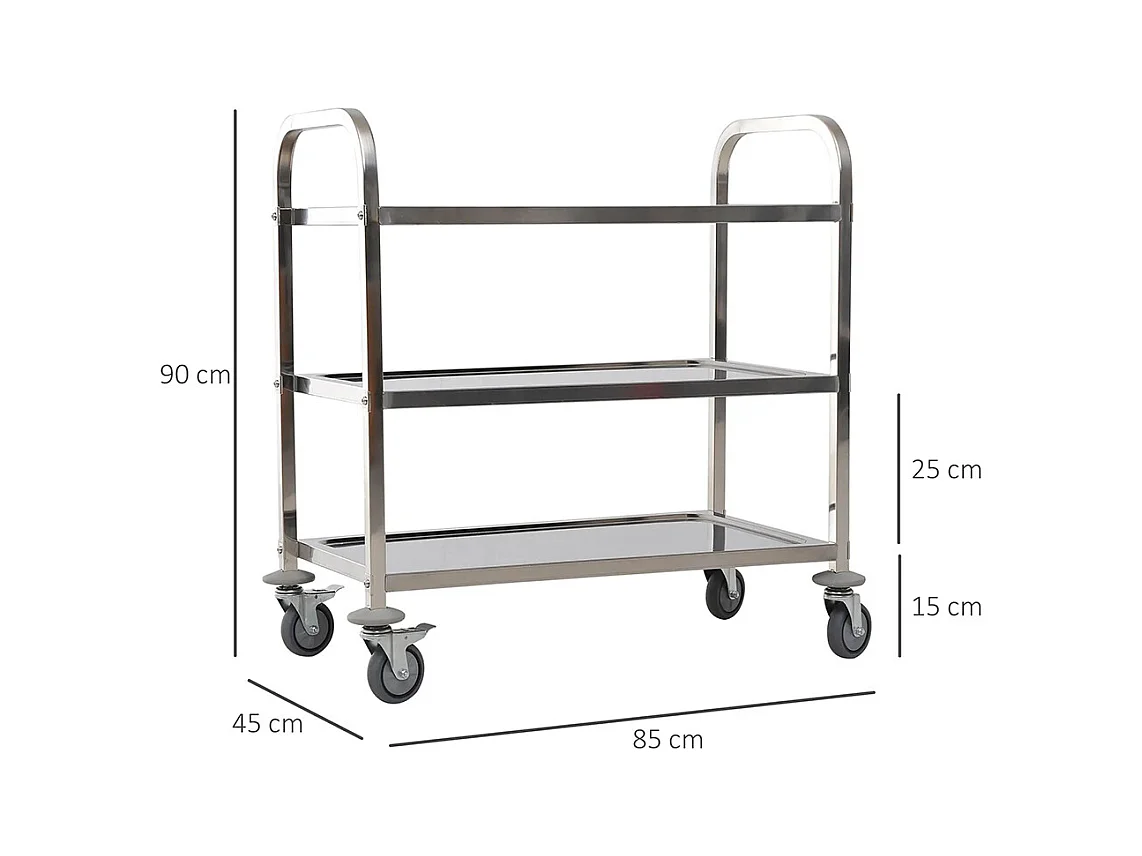 Chariot de service desserte de cuisine à roulettes 3 étagères 85L x 45l x 90H cm acier inox. chromé