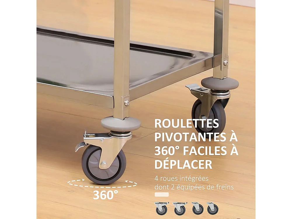 Chariot de service desserte de cuisine à roulettes 3 étagères 85L x 45l x 90H cm acier inox. chromé