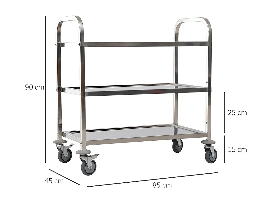 Chariot de service desserte de cuisine à roulettes 3 étagères 85L x 45l x 90H cm acier inox. chromé