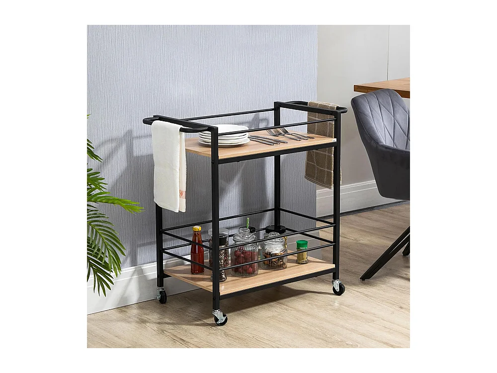 Chariot de service desserte de cuisine à roulettes avec 2 plateaux cadre en métal et aspect bois - dim. 82 x 40 x 75 cm