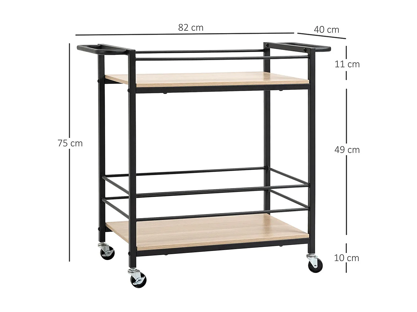 Chariot de service desserte de cuisine à roulettes avec 2 plateaux cadre en métal et aspect bois - dim. 82 x 40 x 75 cm