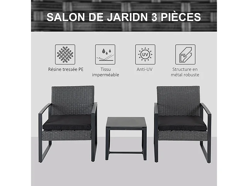 Salon de jardin 2 places 3 pièces 2 chaises avec coussins + table basse plateau verre trempé résine tressée 4 fils imitation rotin gris