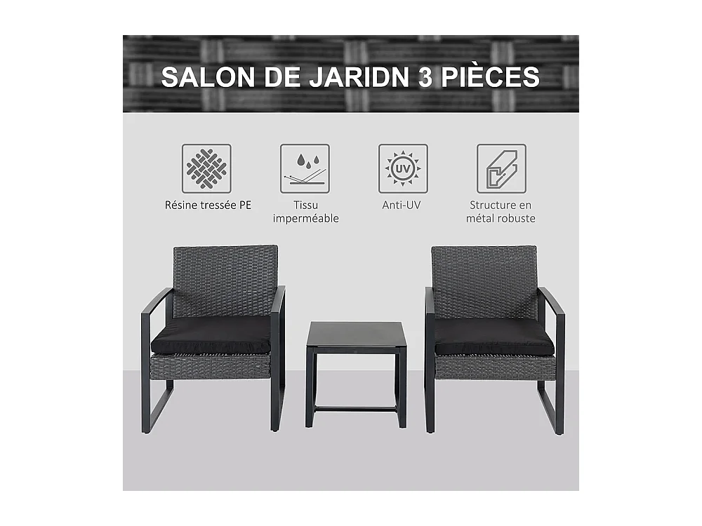 Salon de jardin 2 places 3 pièces 2 chaises avec coussins + table basse plateau verre trempé résine tressée 4 fils imitation rotin gris