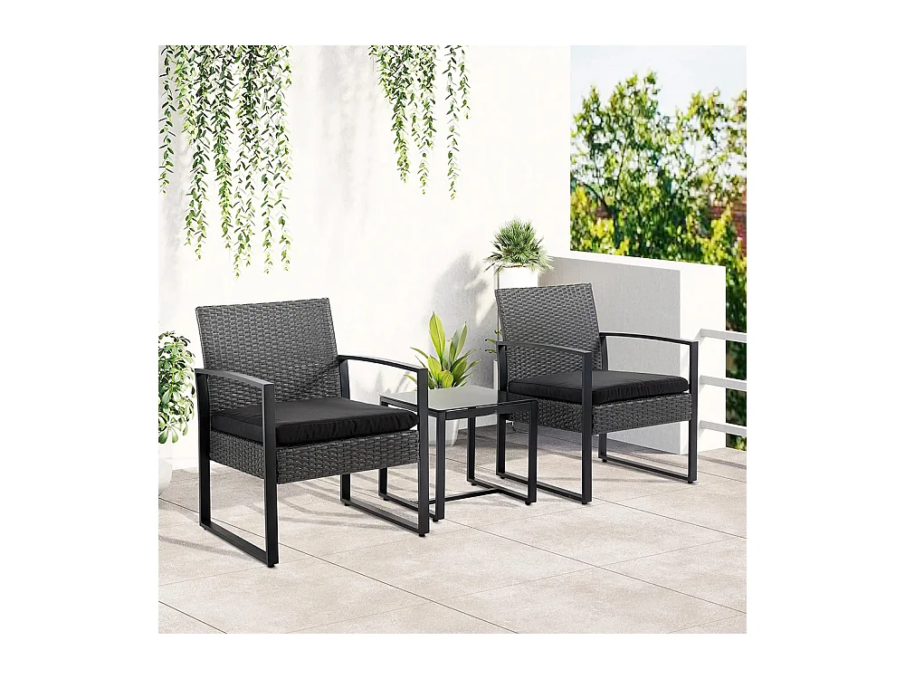 Salon de jardin 2 places 3 pièces 2 chaises avec coussins + table basse plateau verre trempé résine tressée 4 fils imitation rotin gris