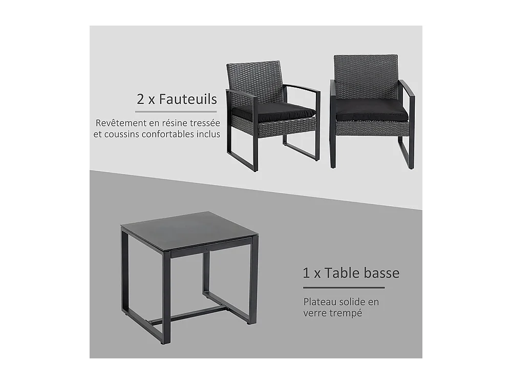 Salon de jardin 2 places 3 pièces 2 chaises avec coussins + table basse plateau verre trempé résine tressée 4 fils imitation rotin gris