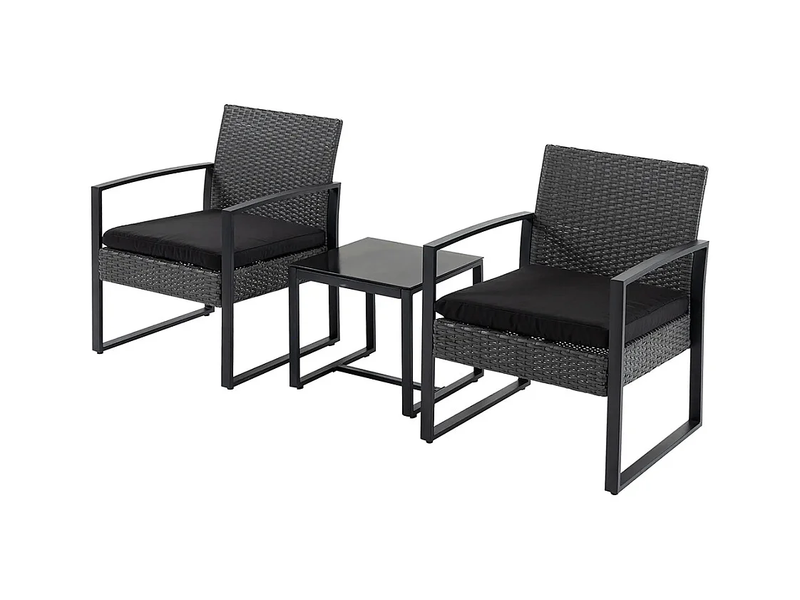 Salon de jardin 2 places 3 pièces 2 chaises avec coussins + table basse plateau verre trempé résine tressée 4 fils imitation rotin gris