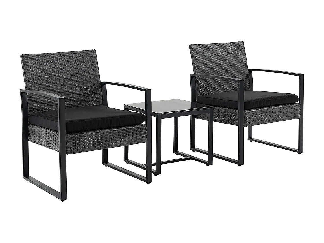Salon de jardin 2 places 3 pièces 2 chaises avec coussins + table basse plateau verre trempé résine tressée 4 fils imitation rotin gris