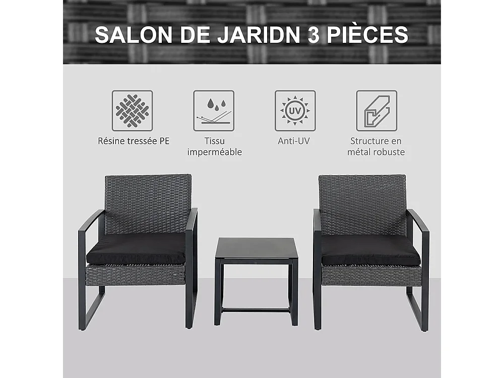 Salon de jardin 2 places 3 pièces 2 chaises avec coussins + table basse plateau verre trempé résine tressée 4 fils imitation rotin gris
