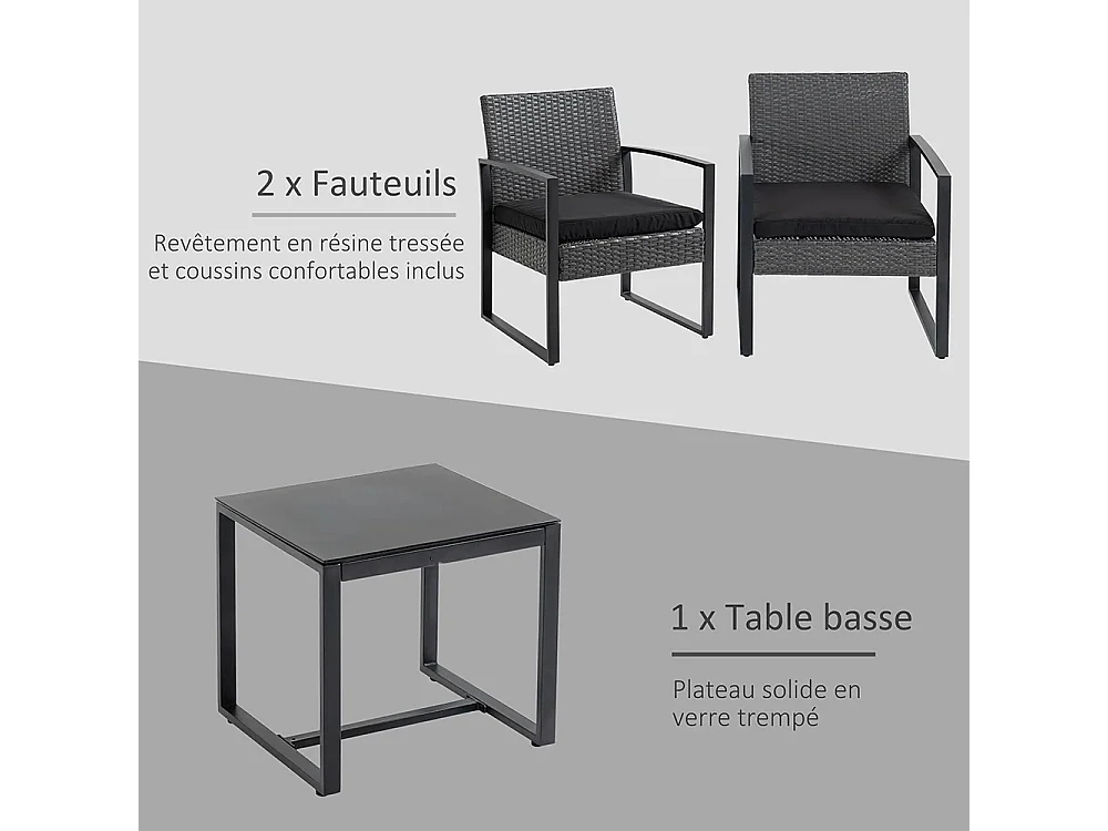 Salon de jardin 2 places 3 pièces 2 chaises avec coussins + table basse plateau verre trempé résine tressée 4 fils imitation rotin gris
