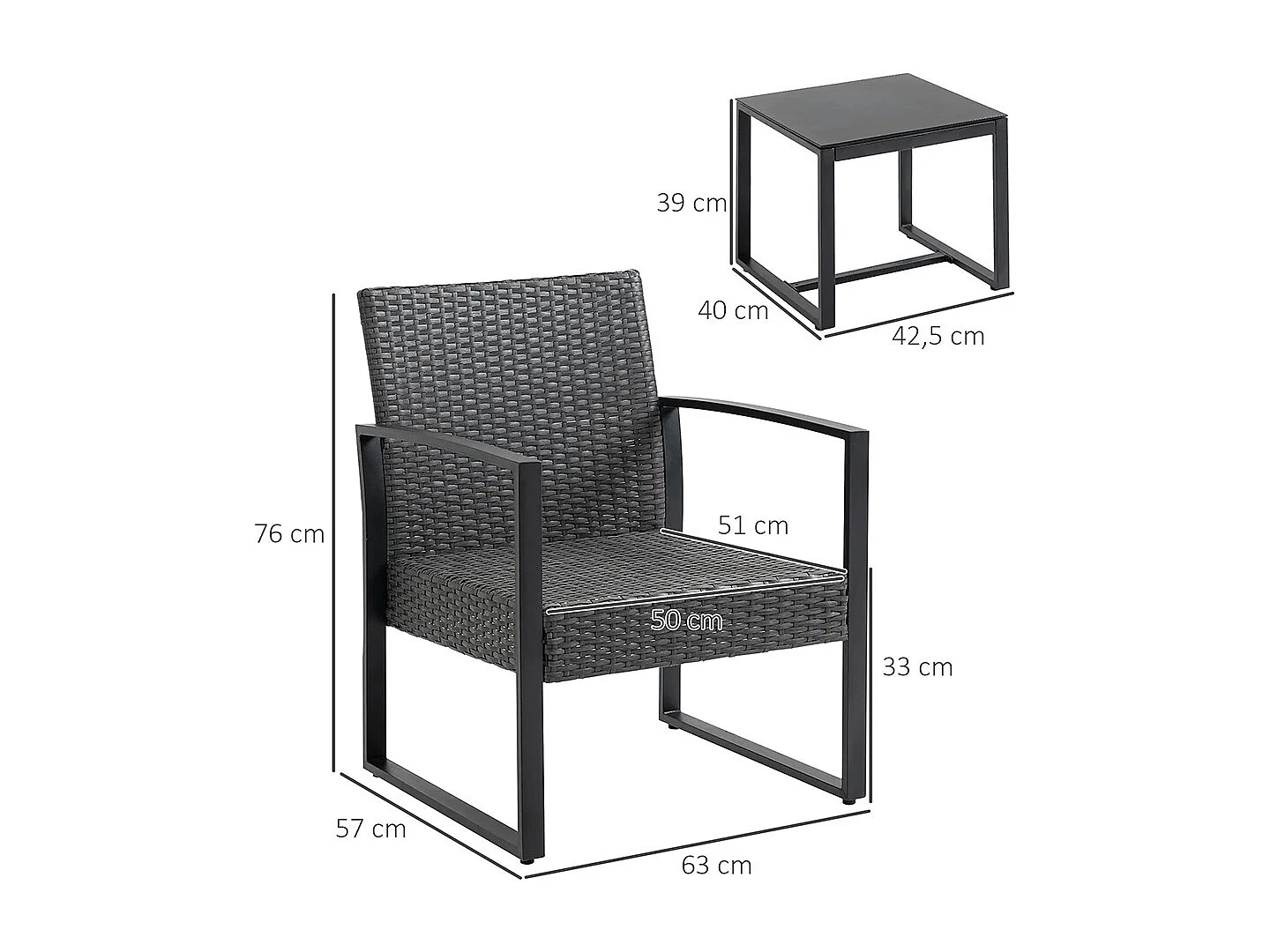 Salon de jardin 2 places 3 pièces 2 chaises avec coussins + table basse plateau verre trempé résine tressée 4 fils imitation rotin gris