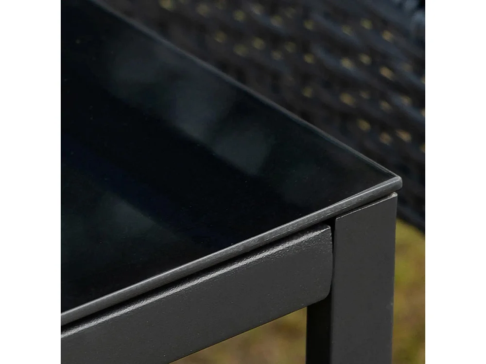 Salon de jardin 2 places 3 pièces 2 chaises avec coussins + table basse plateau verre trempé résine tressée 4 fils imitation rotin gris