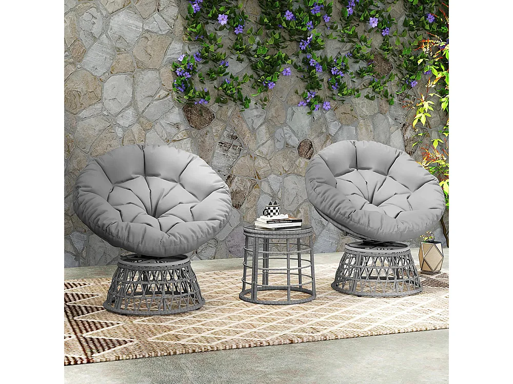 Ensemble salon de jardin 3 pièces avec 2 fauteuils papasan pivotant et 1 tables basse ronde polyester résine tressée