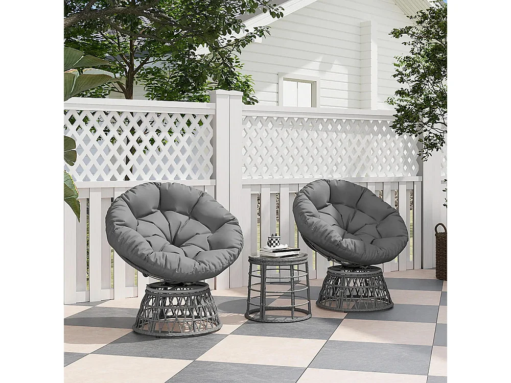 Ensemble salon de jardin 3 pièces avec 2 fauteuils papasan pivotant et 1 tables basse ronde polyester résine tressée