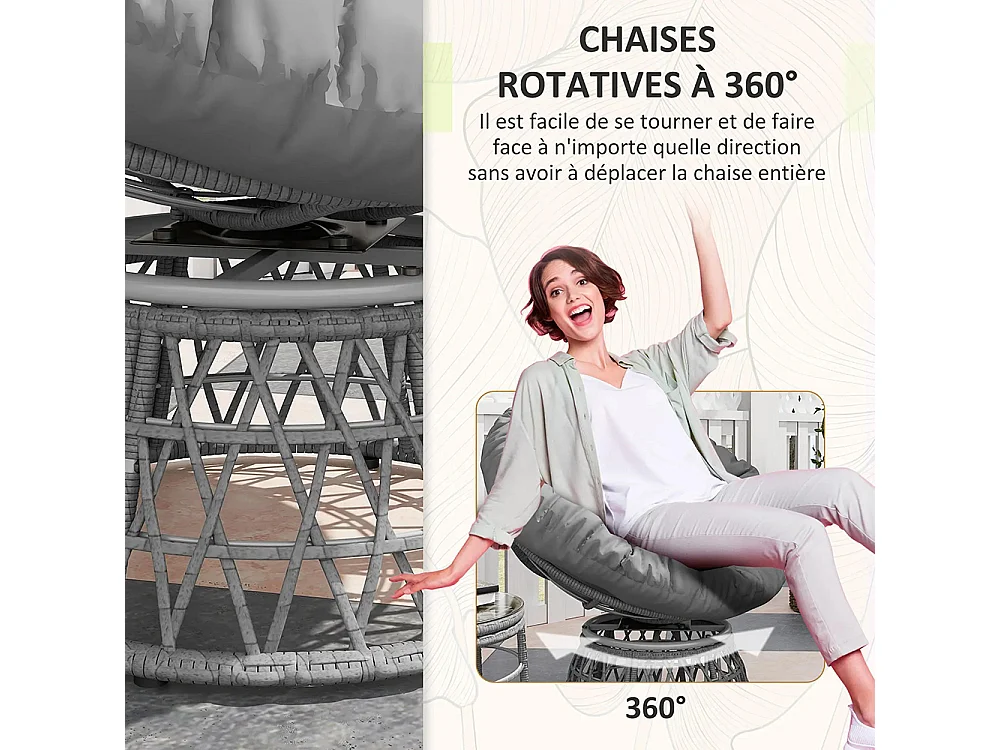 Ensemble salon de jardin 3 pièces avec 2 fauteuils papasan pivotant et 1 tables basse ronde polyester résine tressée