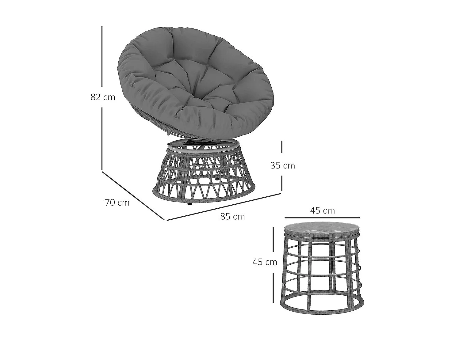 Ensemble salon de jardin 3 pièces avec 2 fauteuils papasan pivotant et 1 tables basse ronde polyester résine tressée