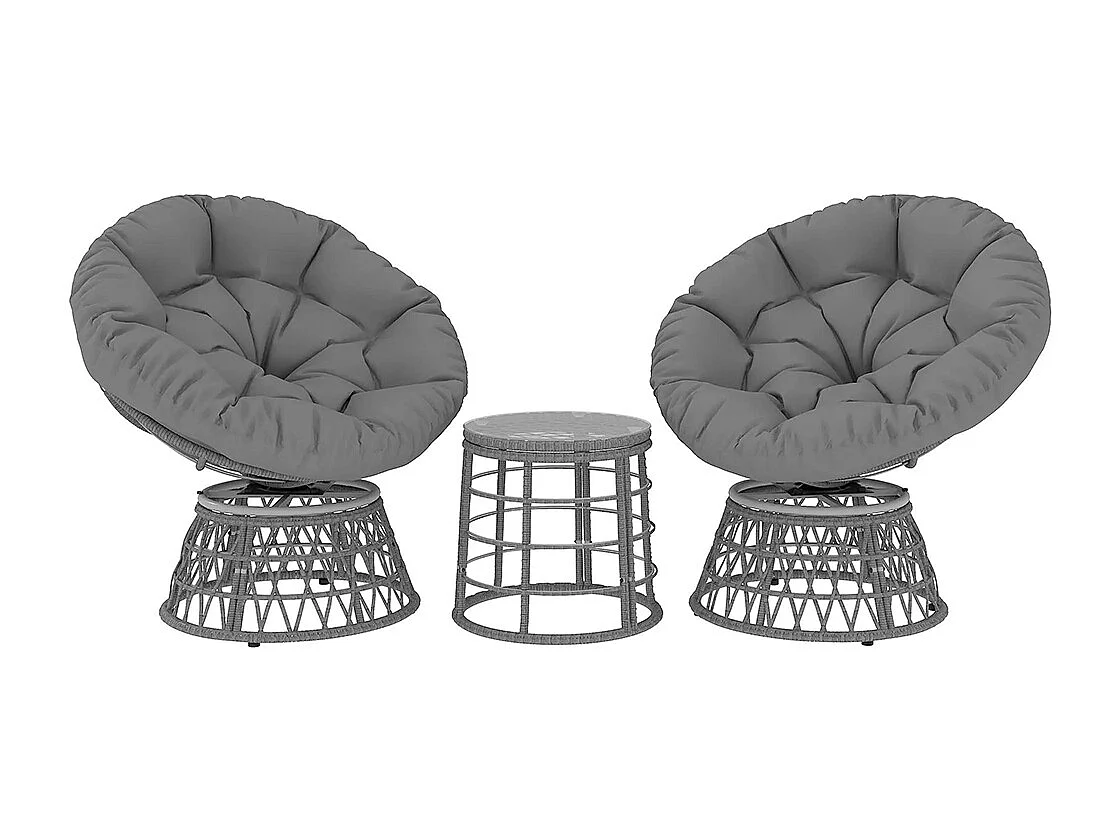 Ensemble salon de jardin 3 pièces avec 2 fauteuils papasan pivotant et 1 tables basse ronde polyester résine tressée