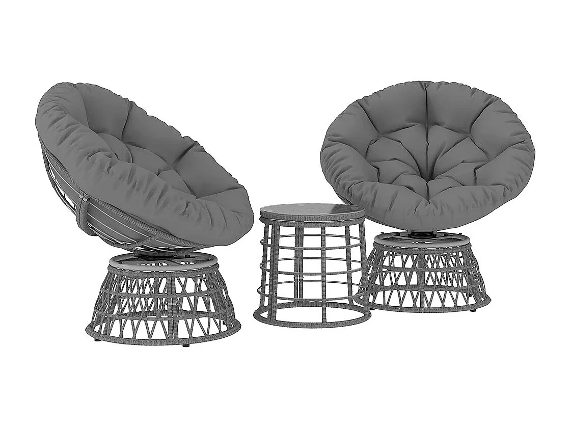 Ensemble salon de jardin 3 pièces avec 2 fauteuils papasan pivotant et 1 tables basse ronde polyester résine tressée
