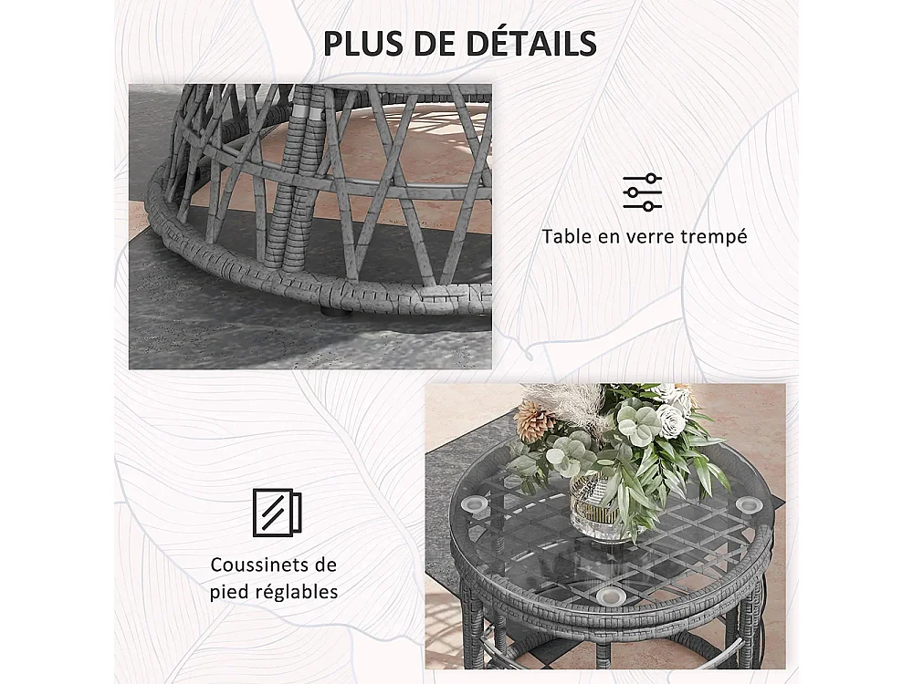 Ensemble salon de jardin 3 pièces avec 2 fauteuils papasan pivotant et 1 tables basse ronde polyester résine tressée