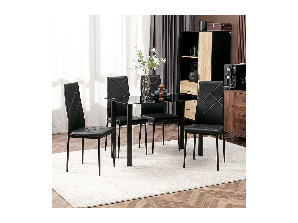 Ensemble de table à manger avec 4 chaises plateau en verre trempé, pieds en acier, pour cuisine salon noir