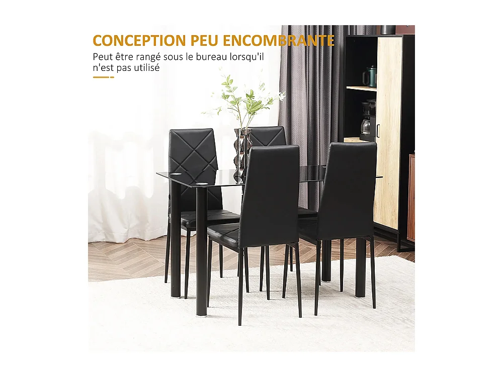 Ensemble de table à manger avec 4 chaises plateau en verre trempé, pieds en acier, pour cuisine salon noir